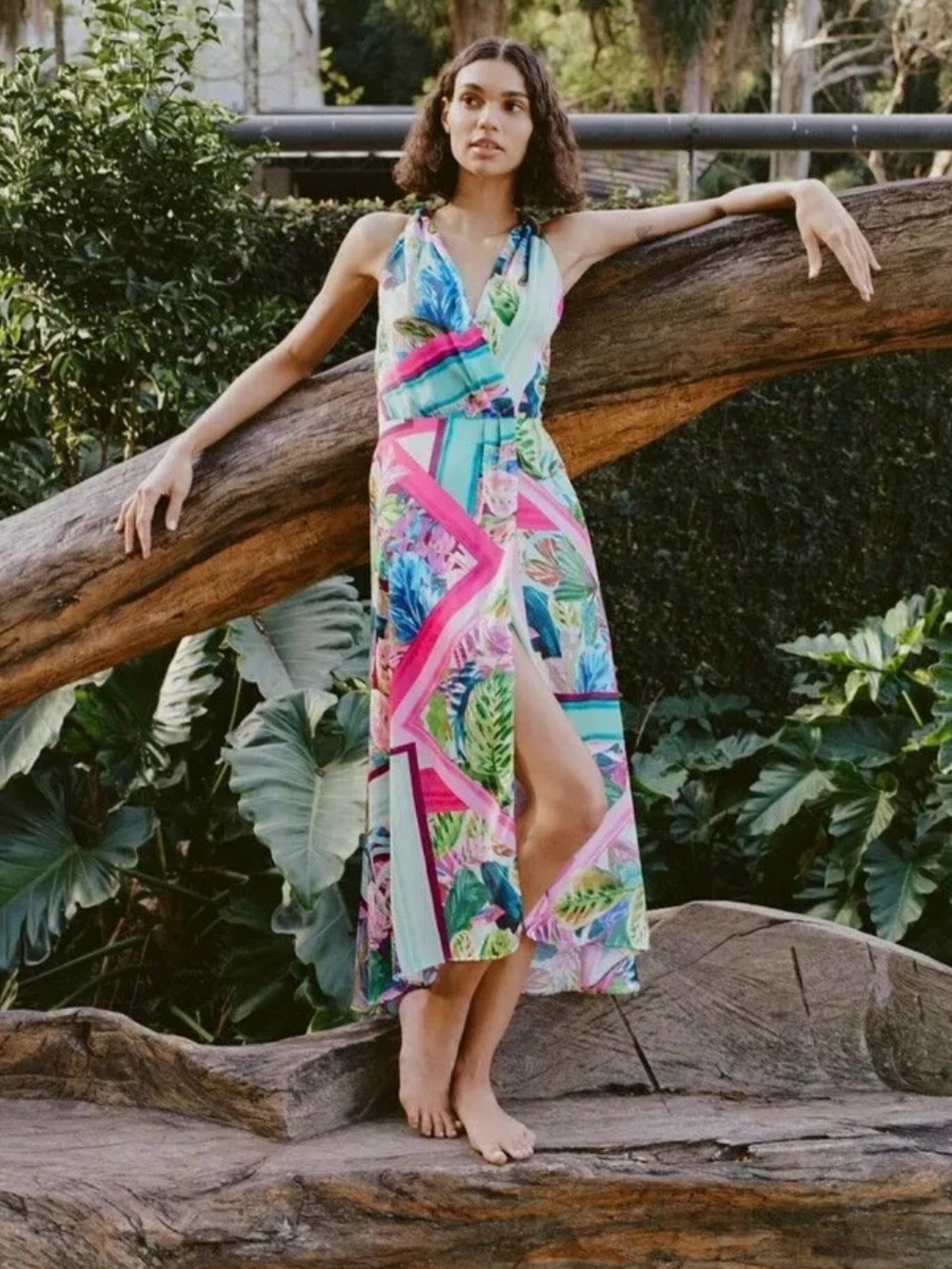 Zara Multicoloured Satin Dress with Tropical Print
